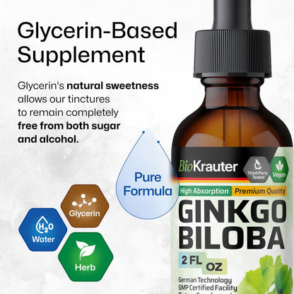 BIO KRAUTER Ginkgo Biloba Extract - Liquid Brain Support Drops, Vegan & Sugar-Free, 2 fl oz