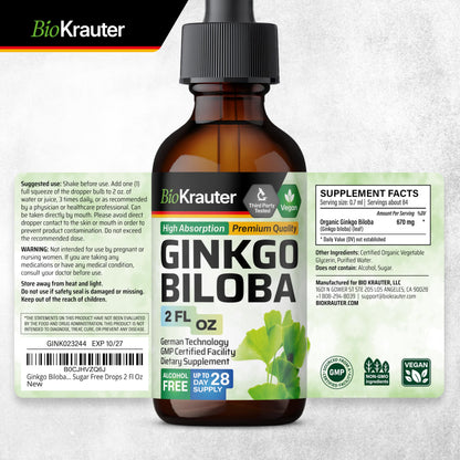 BIO KRAUTER Ginkgo Biloba Extract - Liquid Brain Support Drops, Vegan & Sugar-Free, 2 fl oz
