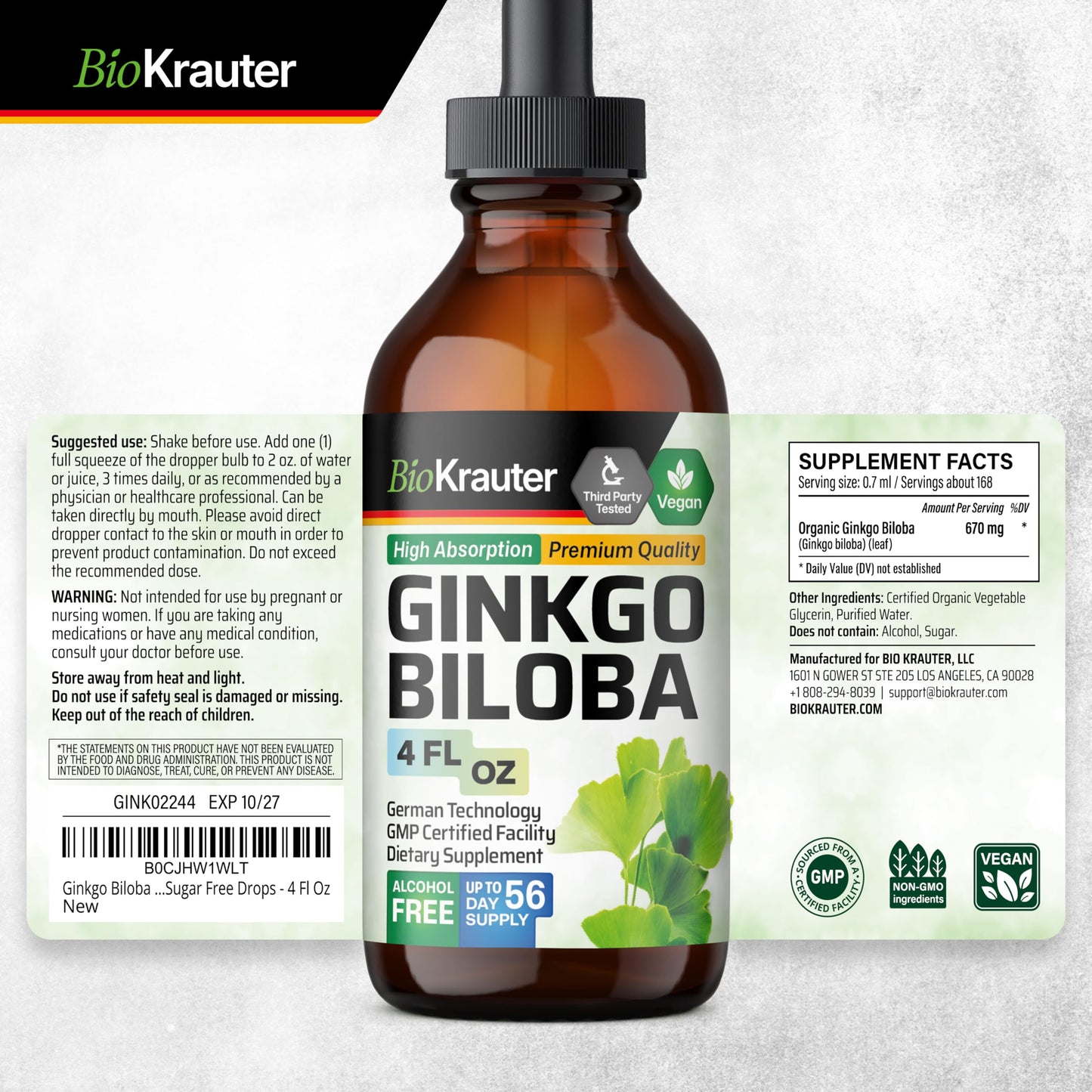 BIO KRAUTER Ginkgo Biloba Extract - Vegan Liquid Brain Support - 4 Fl Oz