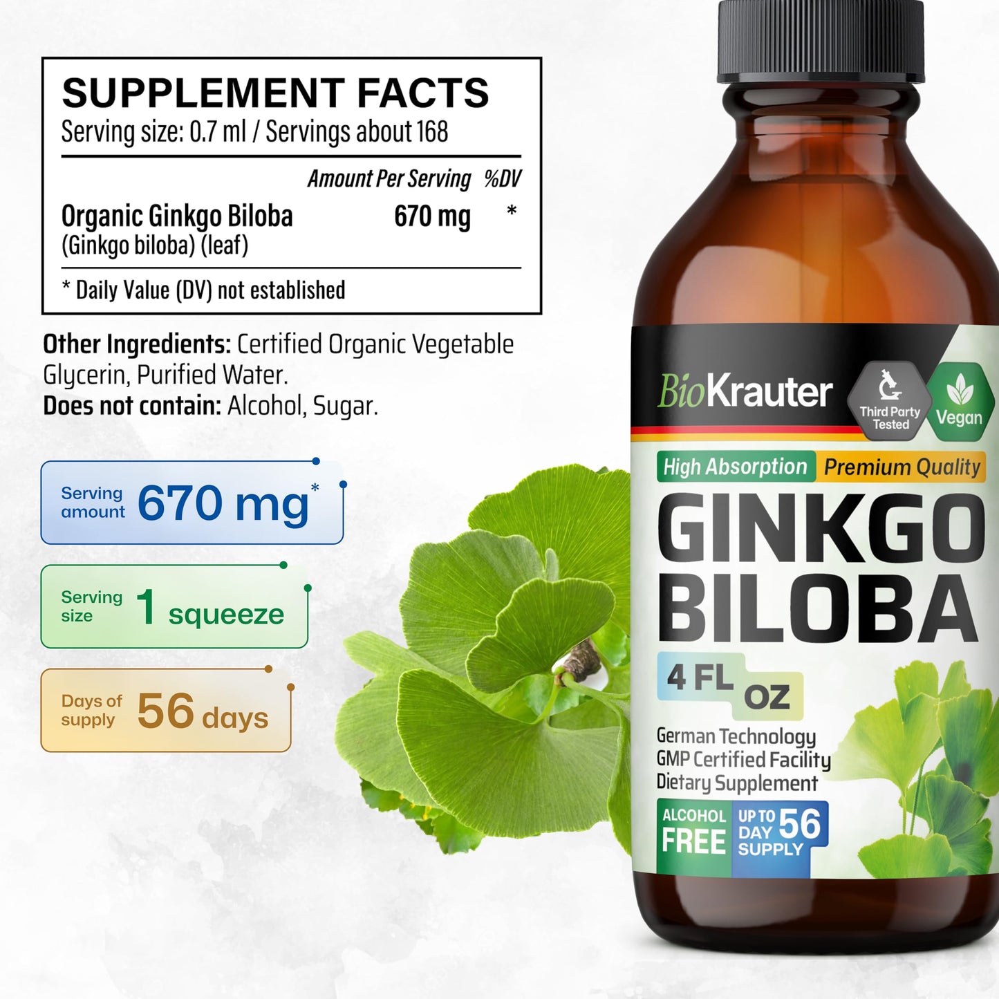BIO KRAUTER Ginkgo Biloba Extract - Vegan Liquid Brain Support - 4 Fl Oz
