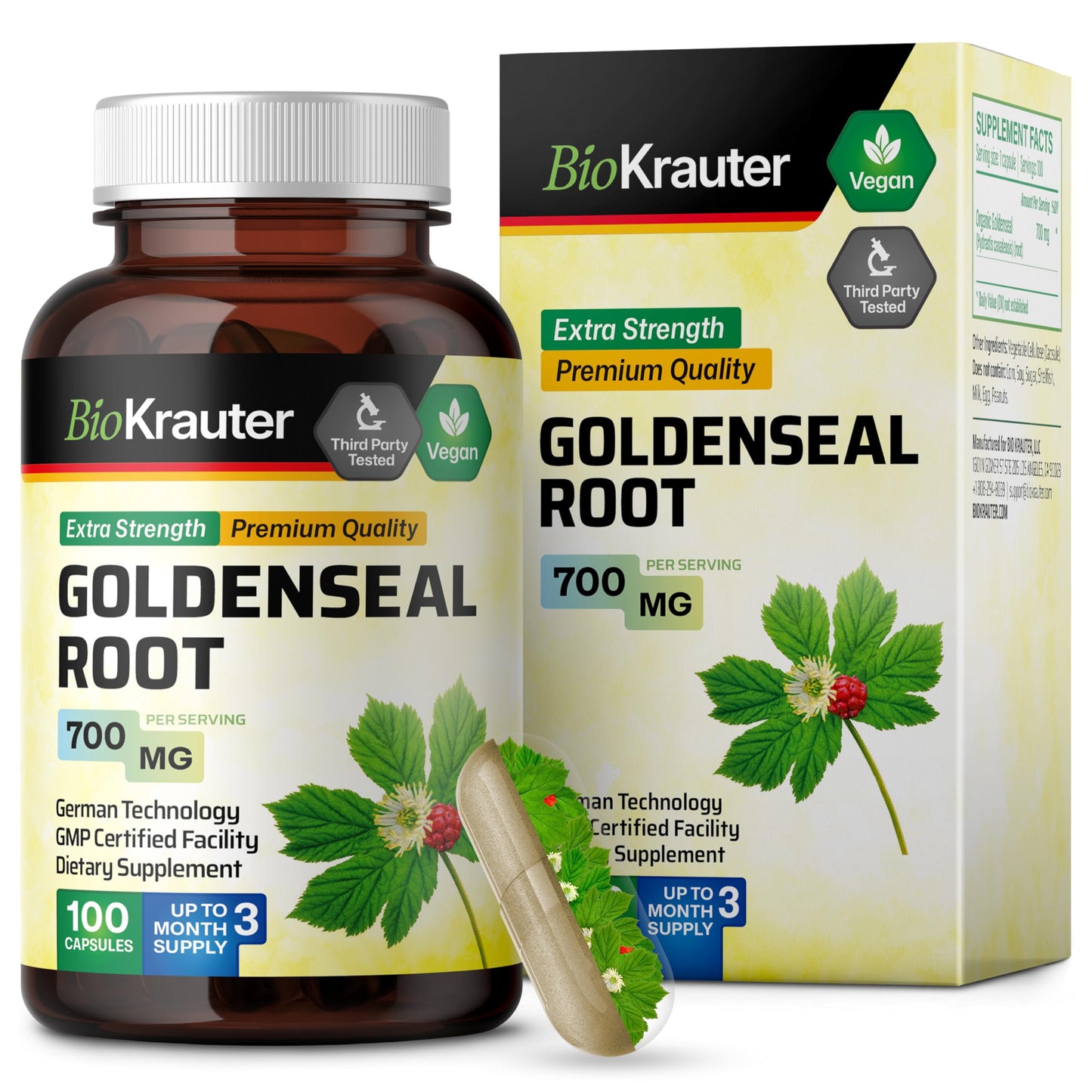 BIO KRAUTER Goldenseal Root Capsule 700 mg – 100 Vegan Golden Seal Capsules – Respiratory & Digestive Support