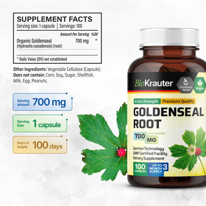 BIO KRAUTER Goldenseal Root Capsule 700 mg – 100 Vegan Golden Seal Capsules – Respiratory & Digestive Support