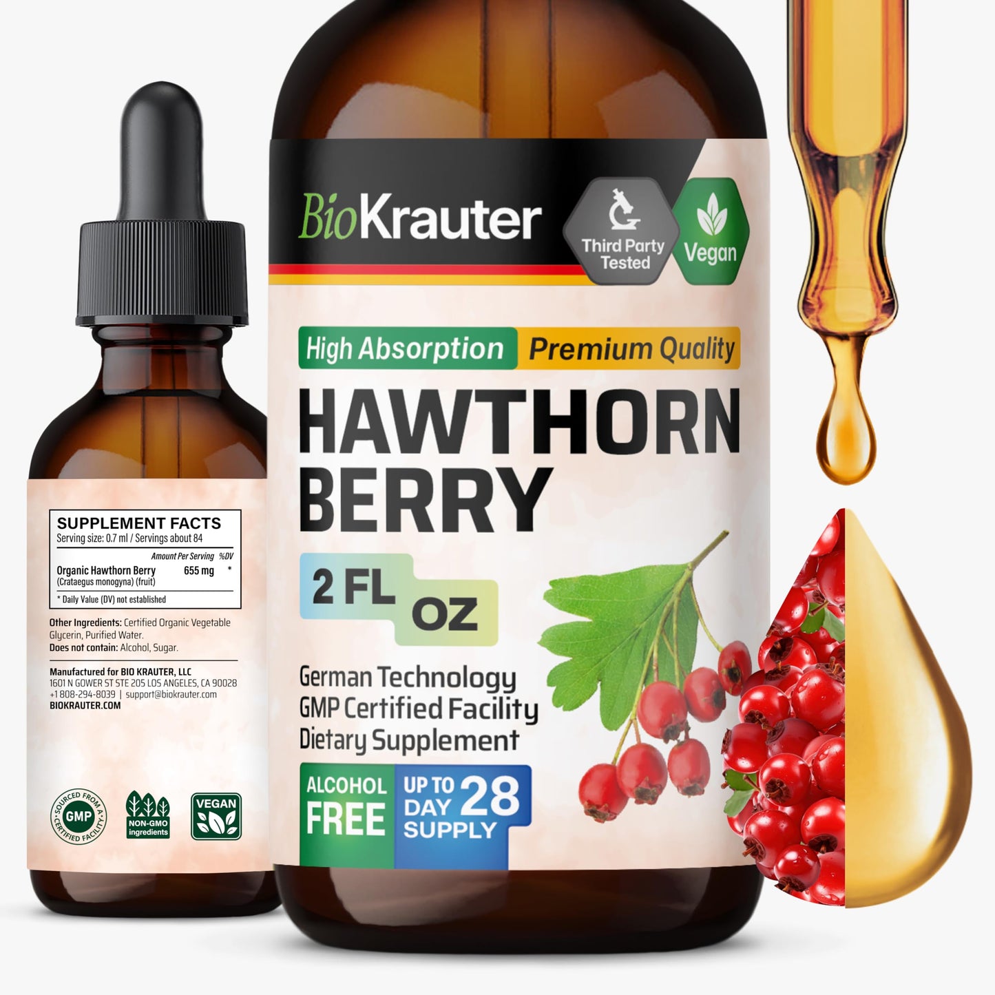 BIO KRAUTER Hawthorn Berry Drops – Pure Vegan Hawthorn Berry Liquid Drops, 655 mg/Serving, 2 oz, 28 Days, Alcohol & Sugar Free