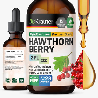 BIO KRAUTER Hawthorn Berry Drops – Pure Vegan Hawthorn Berry Liquid Drops, 655 mg/Serving, 2 oz, 28 Days, Alcohol & Sugar Free