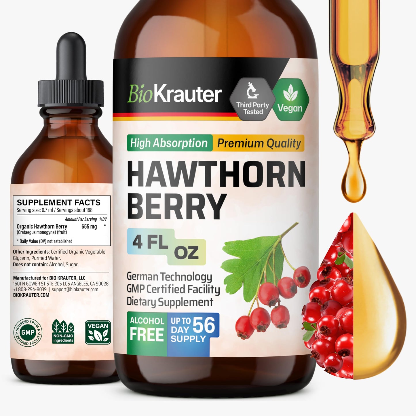 BIO KRAUTER Hawthorn Berry Liquid Drops - Vegan, Alcohol-Free, 655 mg per Serving
