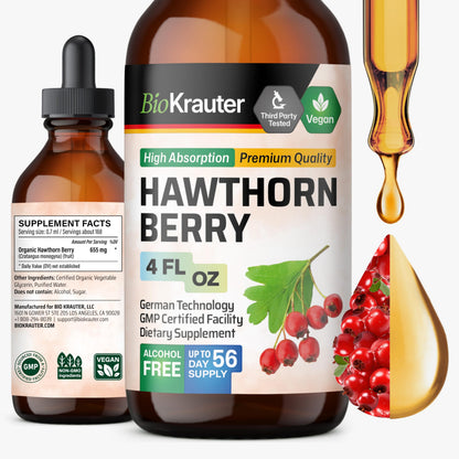 BIO KRAUTER Hawthorn Berry Liquid Drops - Vegan, Alcohol-Free, 655 mg per Serving