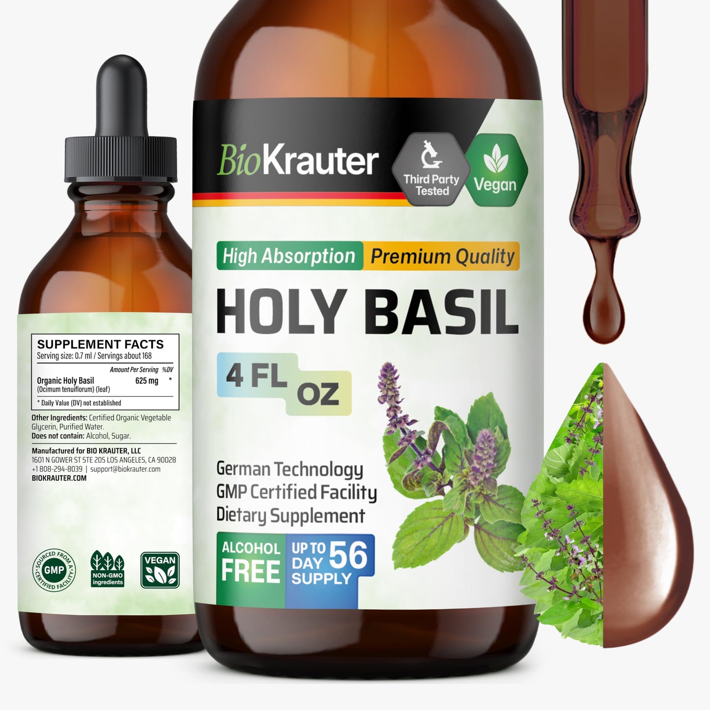 BIO KRAUTER Holy Basil Tincture – Tulsi Liquid Extract for Calm & Relaxation | Vegan, Alcohol-Free | 4 Fl Oz