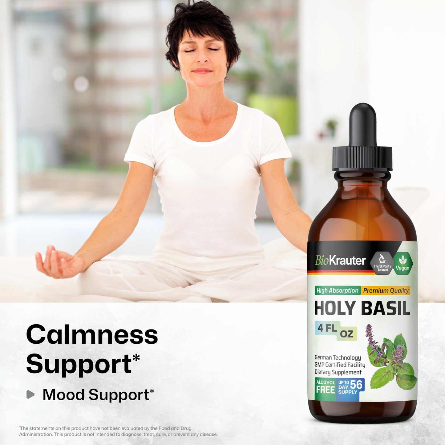 BIO KRAUTER Holy Basil Tincture – Tulsi Liquid Extract for Calm & Relaxation | Vegan, Alcohol-Free | 4 Fl Oz