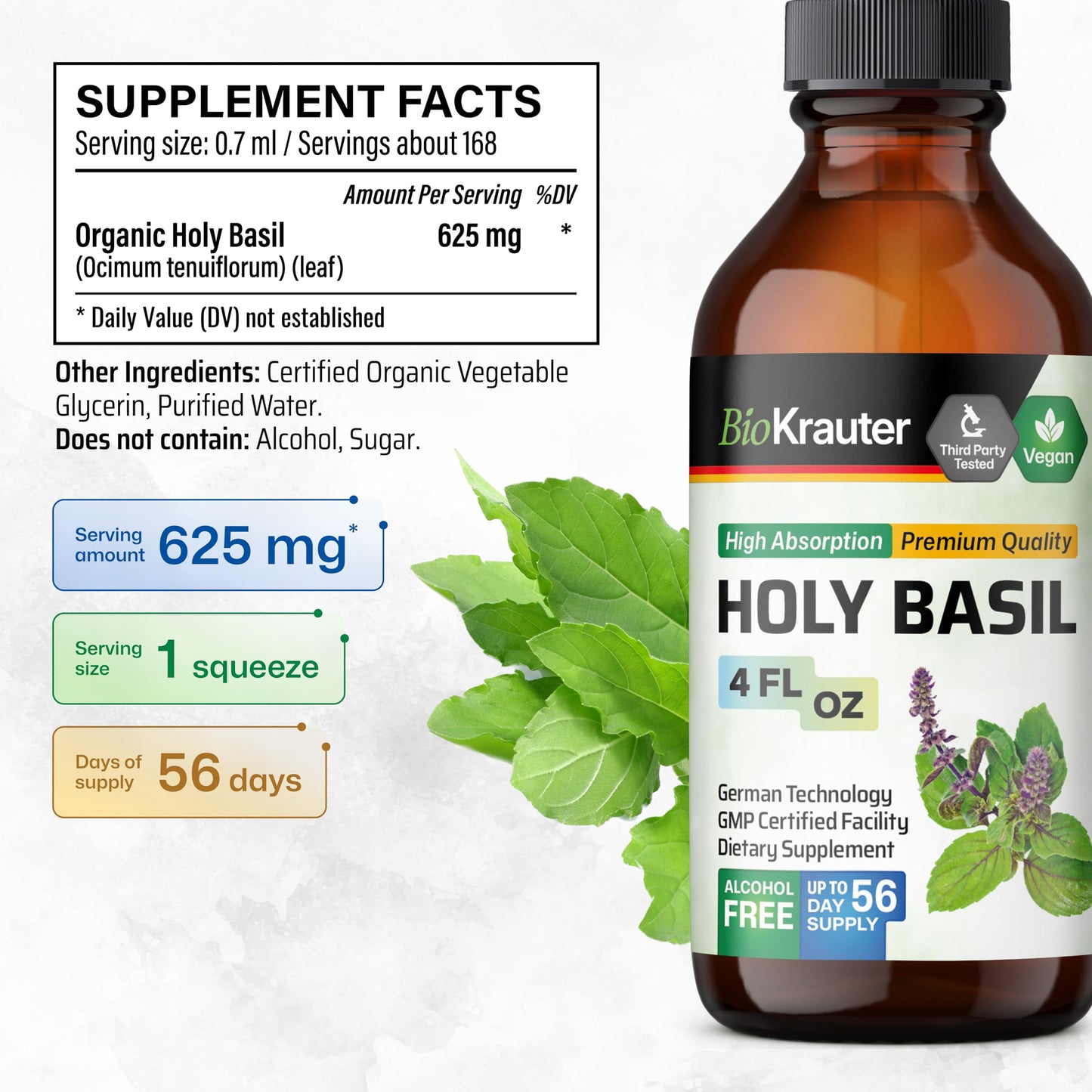 BIO KRAUTER Holy Basil Tincture – Tulsi Liquid Extract for Calm & Relaxation | Vegan, Alcohol-Free | 4 Fl Oz