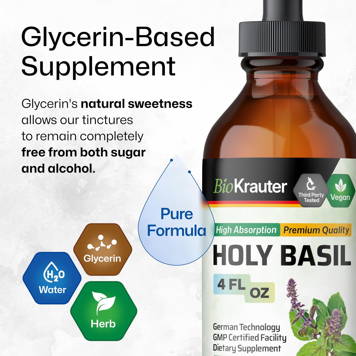 BIO KRAUTER Holy Basil Tincture – Tulsi Liquid Extract for Calm & Relaxation | Vegan, Alcohol-Free | 4 Fl Oz