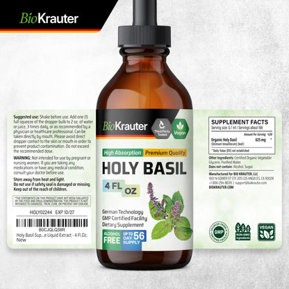BIO KRAUTER Holy Basil Tincture – Tulsi Liquid Extract for Calm & Relaxation | Vegan, Alcohol-Free | 4 Fl Oz