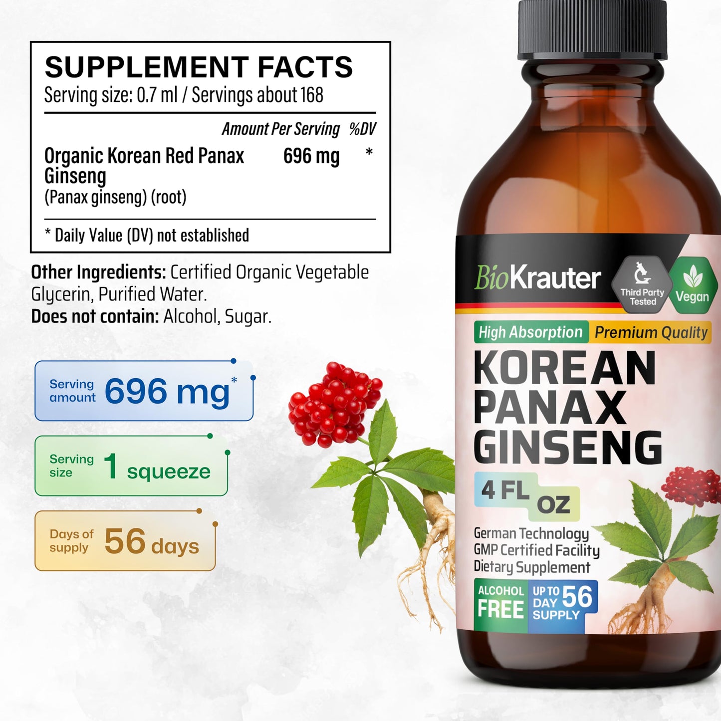 BIO KRAUTER Korean Red Ginseng Extract Liquid - Alcohol & Sugar Free (4 Fl Oz)
