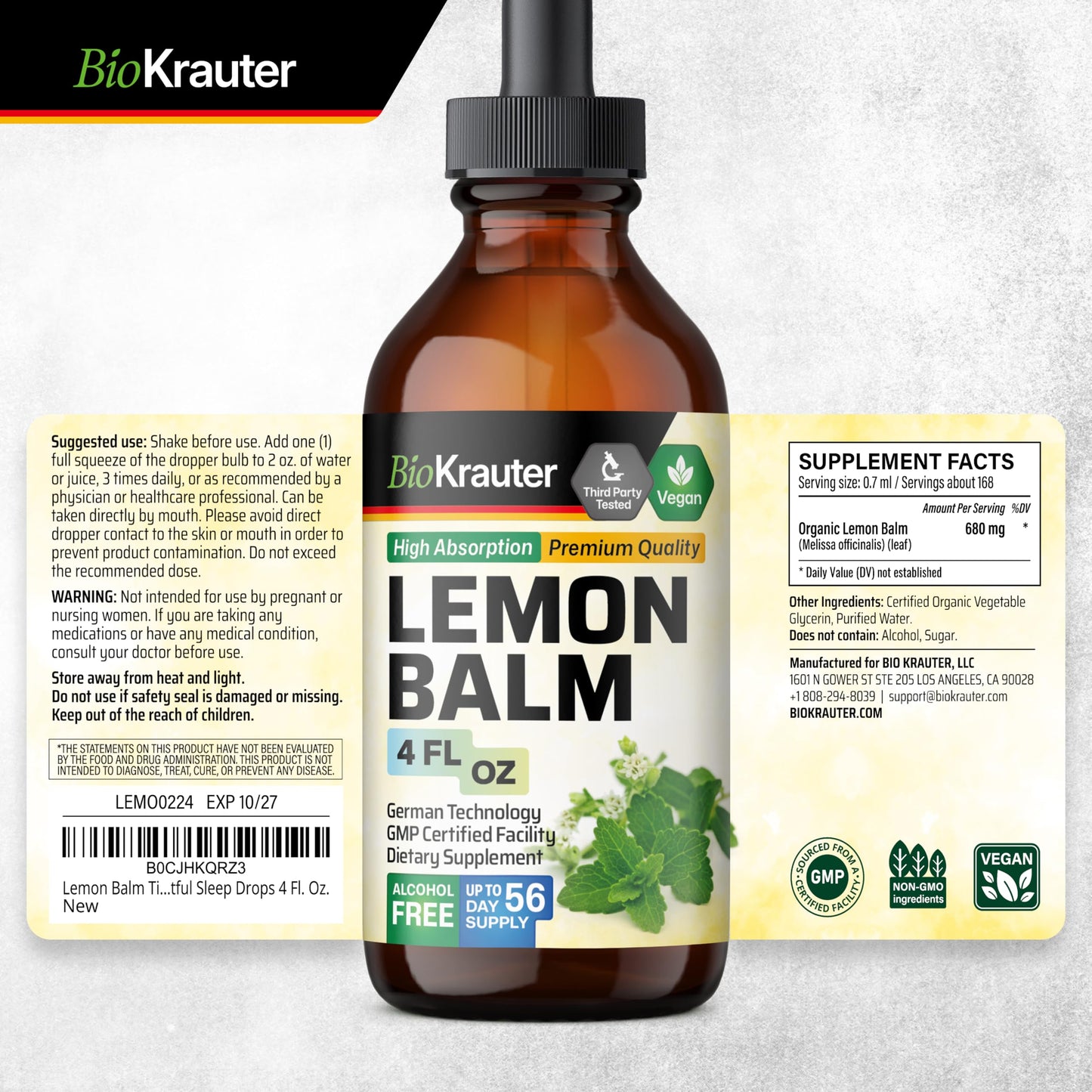 BIO KRAUTER Lemon Balm Tincture 680 mg – Vegan, Alcohol-Free Sleep Support