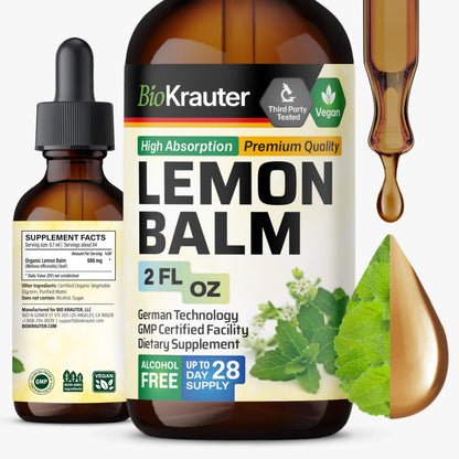 BIO KRAUTER® Lemon Balm Tincture 680 mg – Pure Vegan Melissa Officinalis Extract, 2 Fl Oz, 28 Days of Supply, Calming Sleep Support