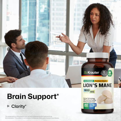 BIO KRAUTER Lions Mane 1800 mg Capsules – 250 Count – Vegan Brain Support