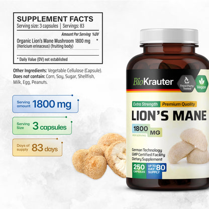 BIO KRAUTER Lions Mane 1800 mg Capsules – 250 Count – Vegan Brain Support