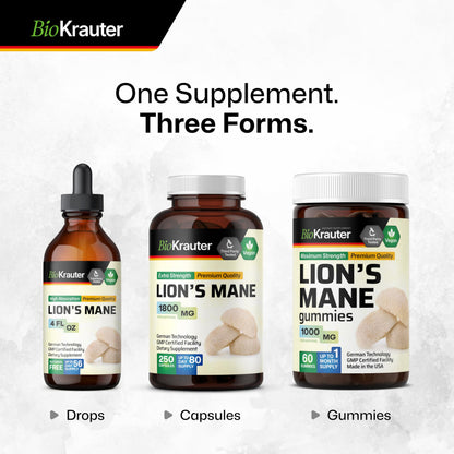 BIO KRAUTER Lions Mane 1800 mg Capsules – 250 Count – Vegan Brain Support