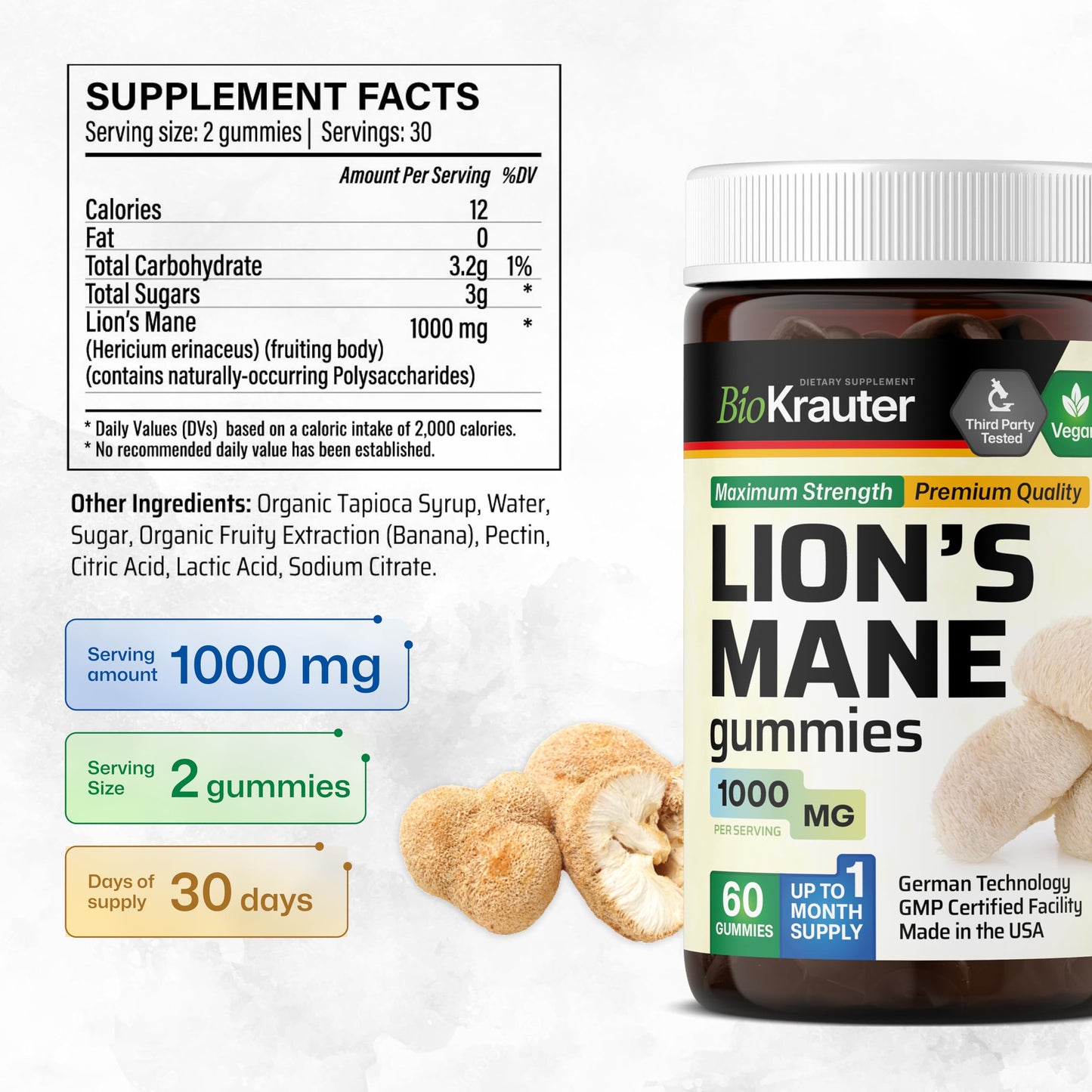 BIO KRAUTER Lions Mane Gummies for Adults - 1000 mg - Vegan, Gelatine-Free (Pack of 2)