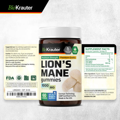 BIO KRAUTER Lions Mane Gummies for Adults - 1000 mg - Vegan, Gelatine-Free (Pack of 2)