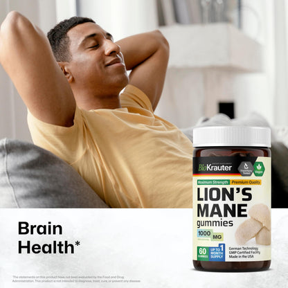 BIO KRAUTER Lions Mane Gummies for Adults - 1000 mg - Vegan, Gelatine-Free (Pack of 2)
