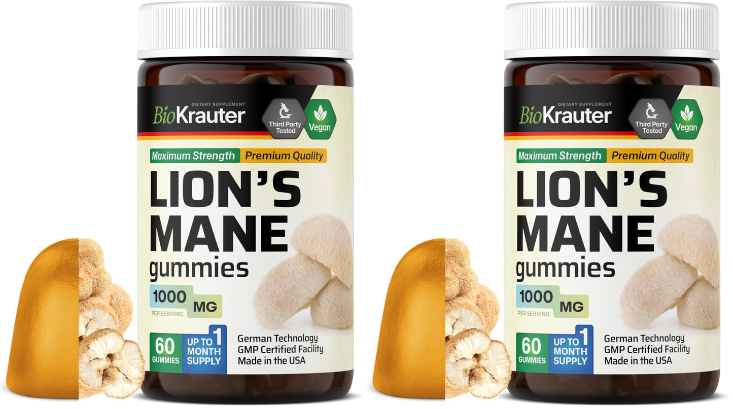 BIO KRAUTER Lions Mane Gummies for Adults - 1000 mg - Vegan, Gelatine-Free (Pack of 2)