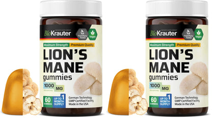 BIO KRAUTER Lions Mane Gummies for Adults - 1000 mg - Vegan, Gelatine-Free (Pack of 2)
