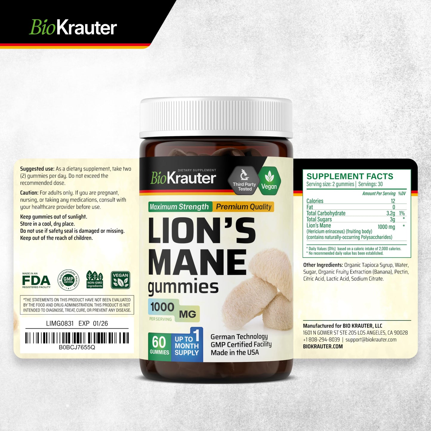 BIO KRAUTER Lions Mane Gummies for Adults - 1000 mg Strength - 60 Vegan Mushroom Supplement Chews - Lions Mane Supplement for Brain - Gelatine-Free