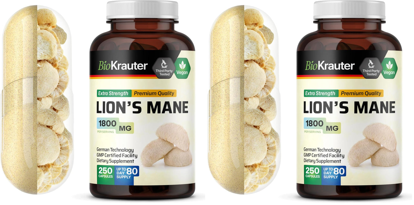 BIO KRAUTER Lions Mane 1800 mg Capsules – 250 Count – Vegan Brain Support