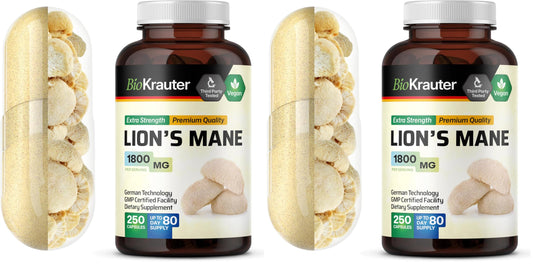 BIO KRAUTER Lions Mane 1800 mg Capsules – 250 Count – Vegan Brain Support BritishVita | Premium UK Vitamins & Wellness Supplements