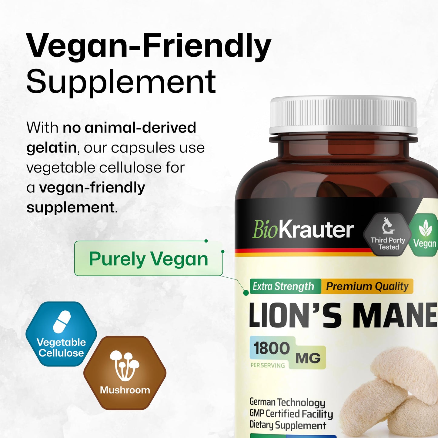 BIO KRAUTER Lions Mane 1800 mg Capsules – 250 Count – Vegan Brain Support