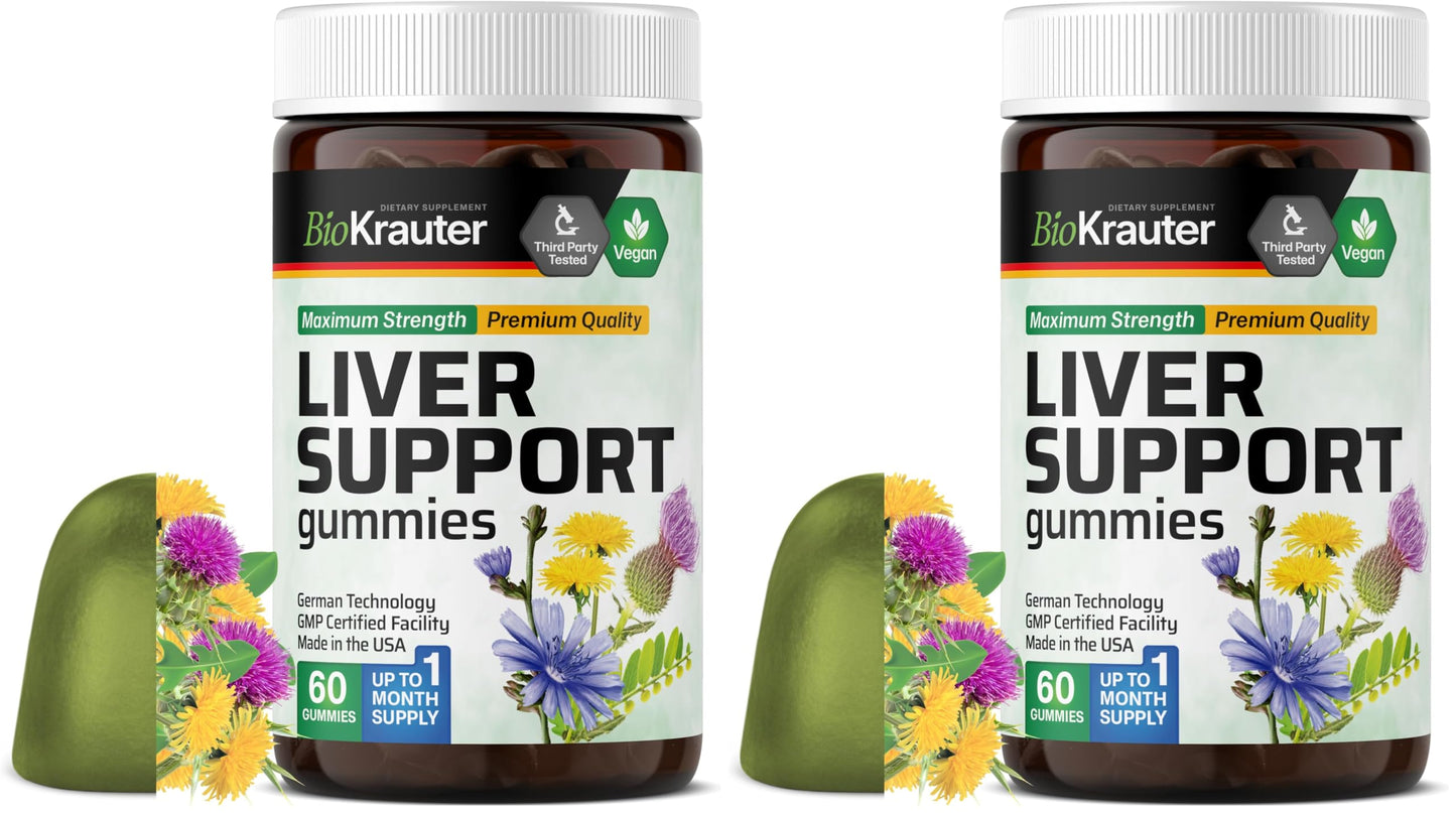 BIO KRAUTER Liver Supplement Gummies - 60 Vegan Chews w/Milk Thistle, Dandelion Root for Liver Cleanse & Detox - 80% Silymarin (Pack of 2)
