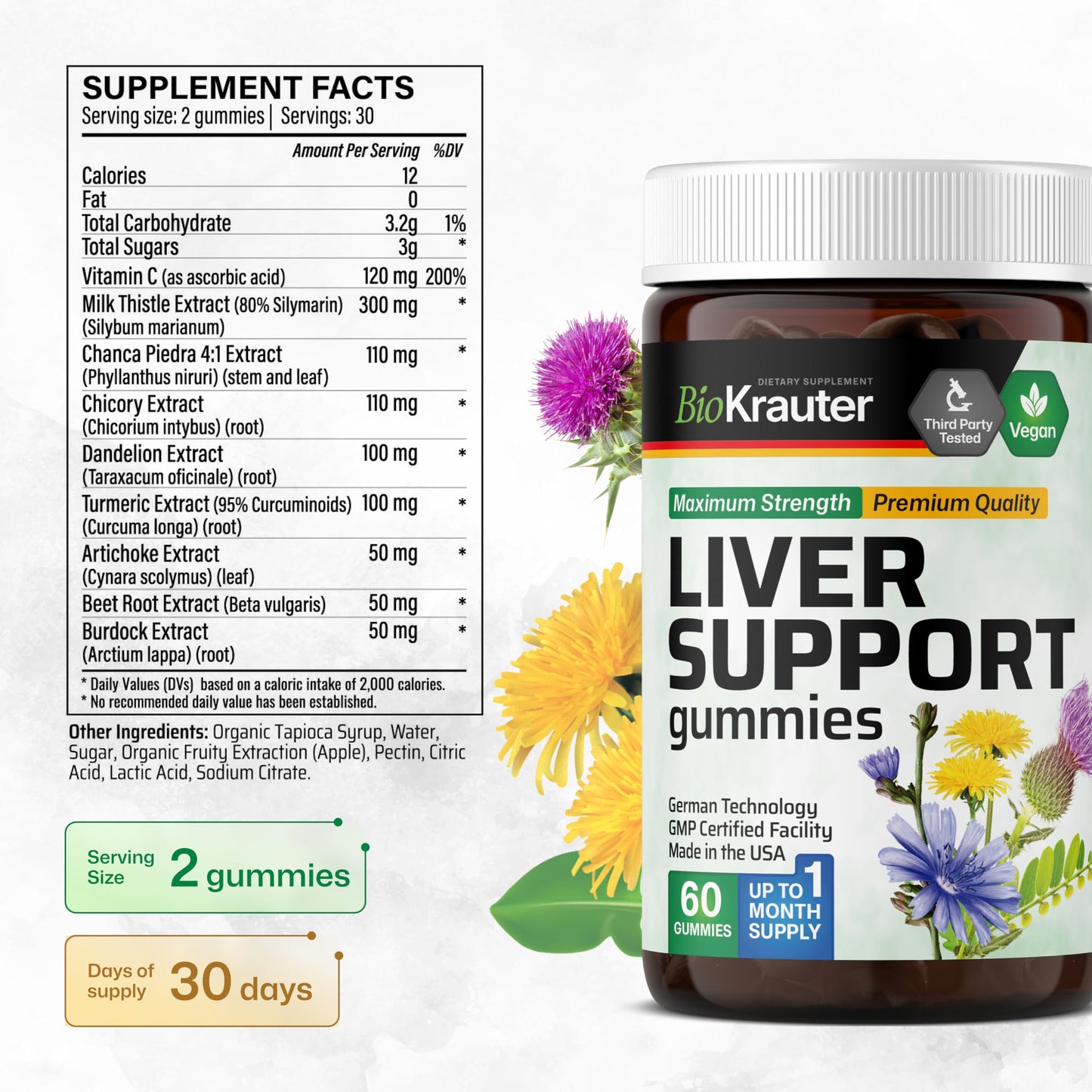 BIO KRAUTER Liver Supplement Gummies - 60 Vegan Chews w/Milk Thistle, Dandelion Root for Liver Cleanse & Detox - 80% Silymarin (Pack of 2)