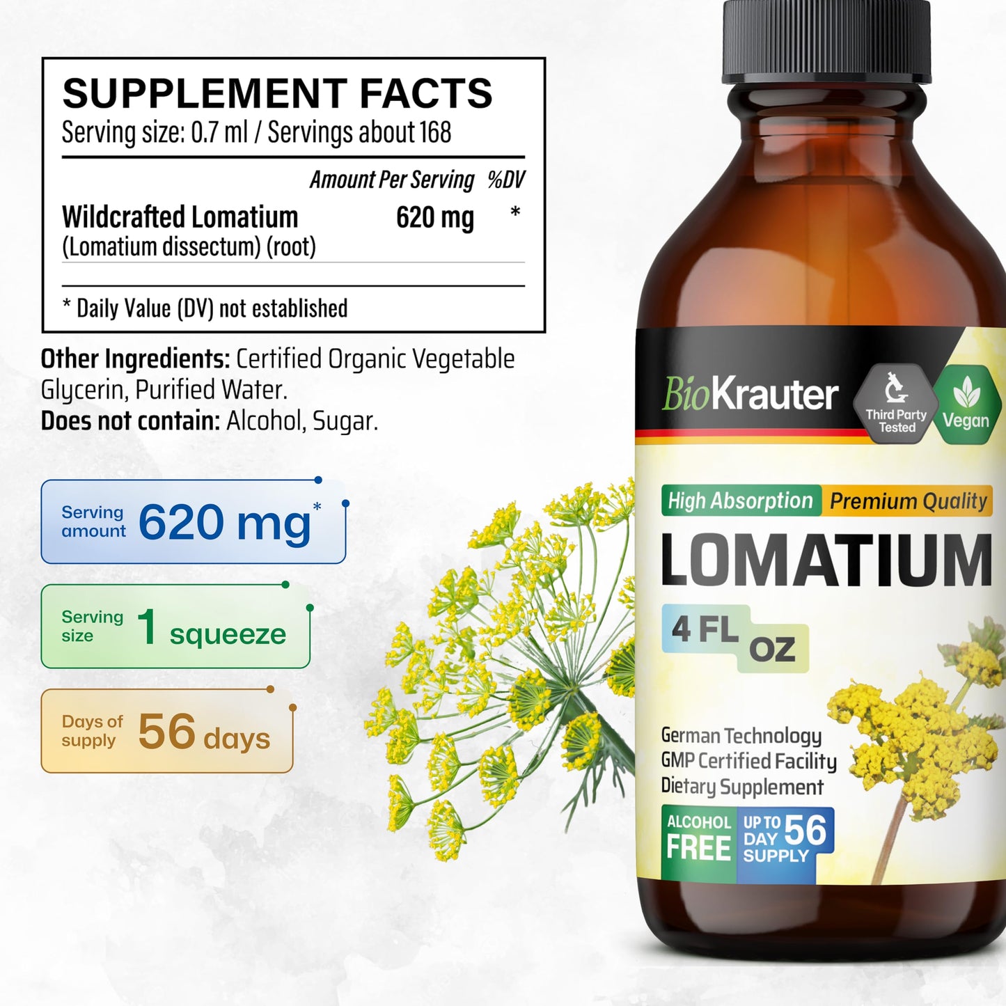 BIO KRAUTER Lomatium Tincture – Immune & Lung Support – Alcohol & Sugar Free Vegan Lomatium Root Tincture – 4 Fl Oz