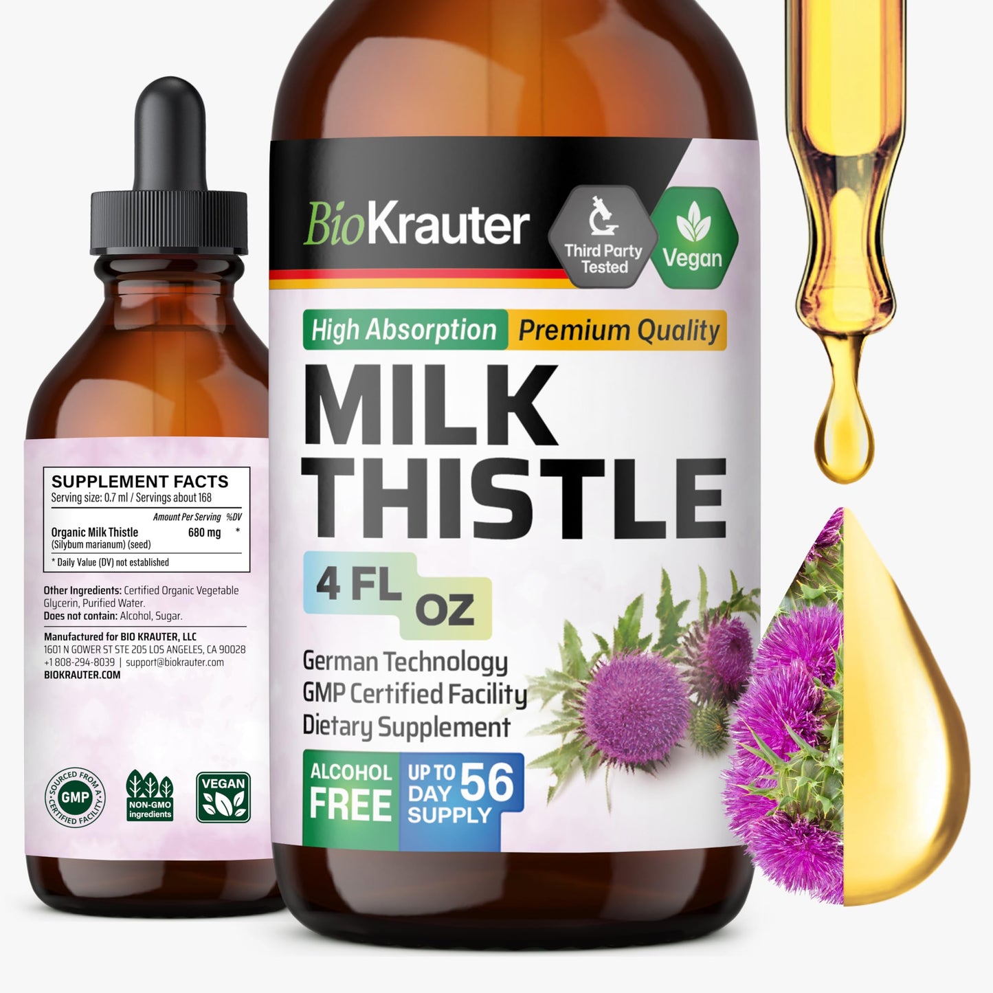 BIO KRAUTER® Milk Thistle Supplement – 680 mg/Serving, 4 Fl Oz, Vegan, Alcohol-Free, Liver Detox
