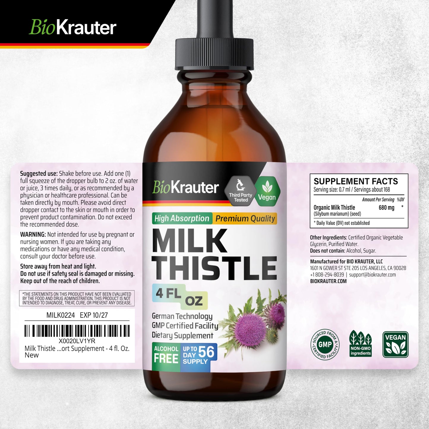 BIO KRAUTER® Milk Thistle Supplement – 680 mg/Serving, 4 Fl Oz, Vegan, Alcohol-Free, Liver Detox