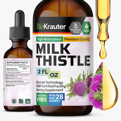 BIO KRAUTER Milk Thistle Supplement - 680 mg per Serving, 2 fl oz (28 Days), Alcohol & Sugar Free, Vegan Liquid Extract with Silymarin