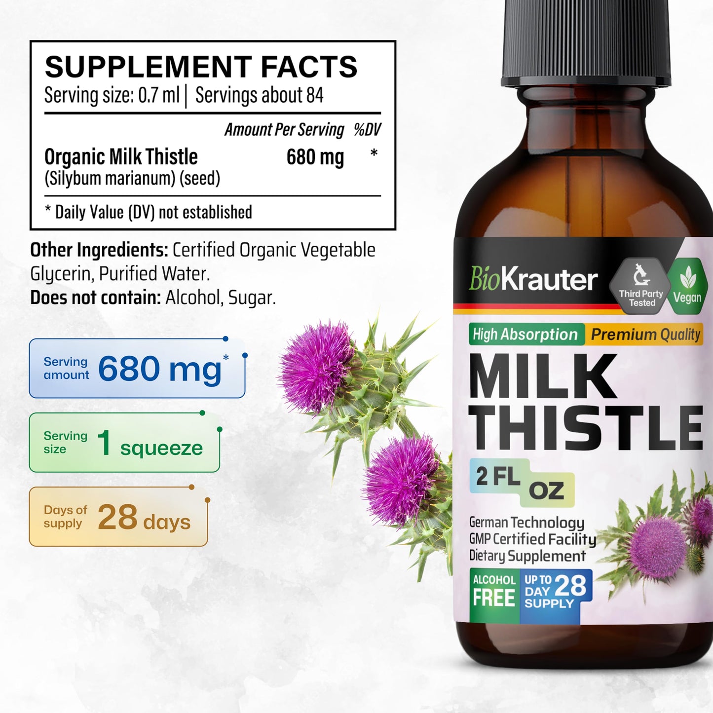 BIO KRAUTER Milk Thistle Supplement - 680 mg per Serving, 2 fl oz (28 Days), Alcohol & Sugar Free, Vegan Liquid Extract with Silymarin