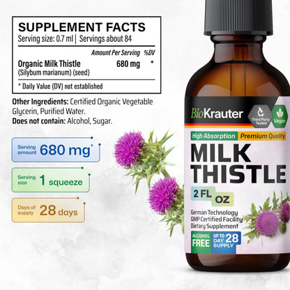 BIO KRAUTER Milk Thistle Supplement - 680 mg per Serving, 2 fl oz (28 Days), Alcohol & Sugar Free, Vegan Liquid Extract with Silymarin