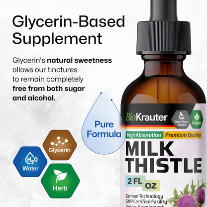 BIO KRAUTER Milk Thistle Supplement - 680 mg per Serving, 2 fl oz (28 Days), Alcohol & Sugar Free, Vegan Liquid Extract with Silymarin