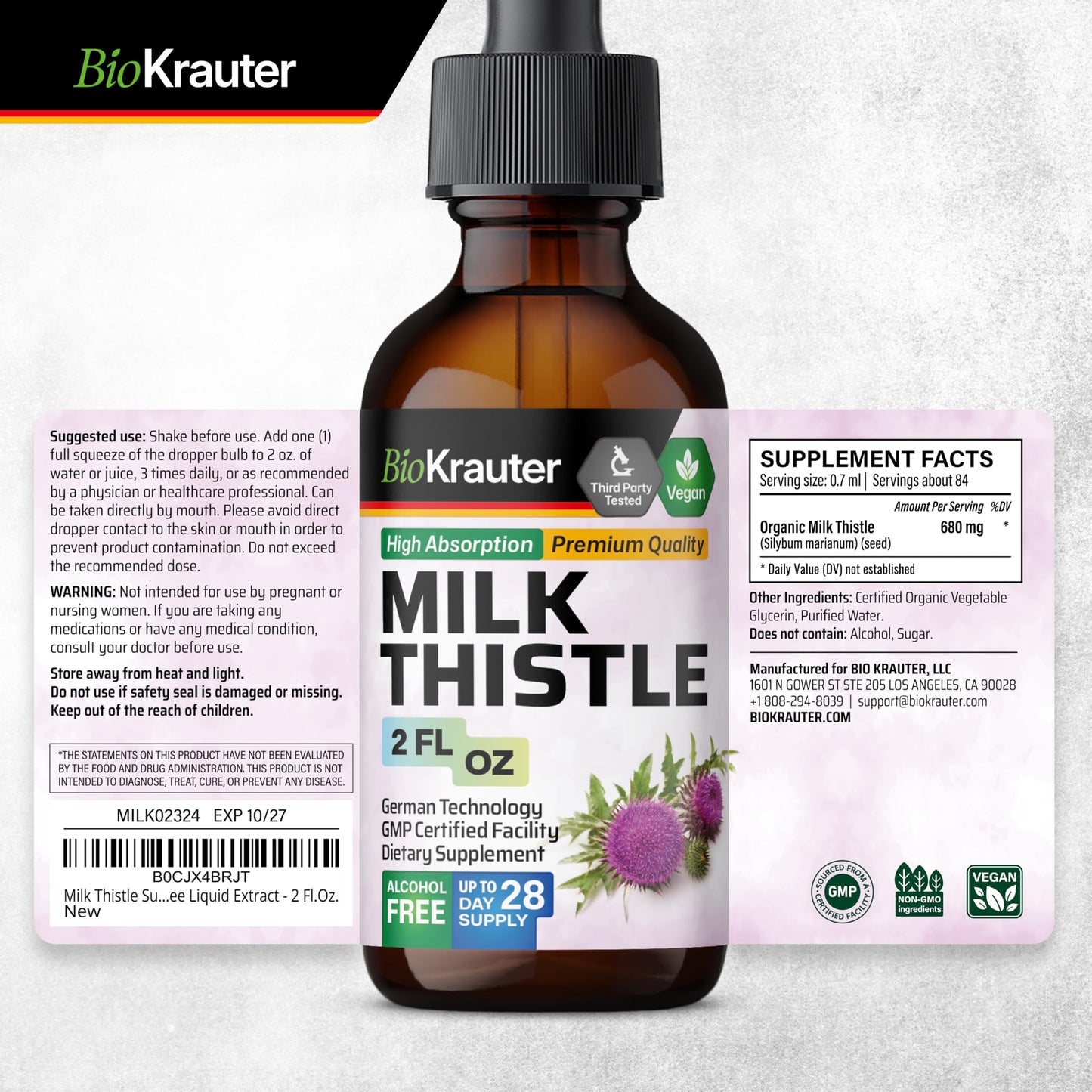 BIO KRAUTER Milk Thistle Supplement - 680 mg per Serving, 2 fl oz (28 Days), Alcohol & Sugar Free, Vegan Liquid Extract with Silymarin