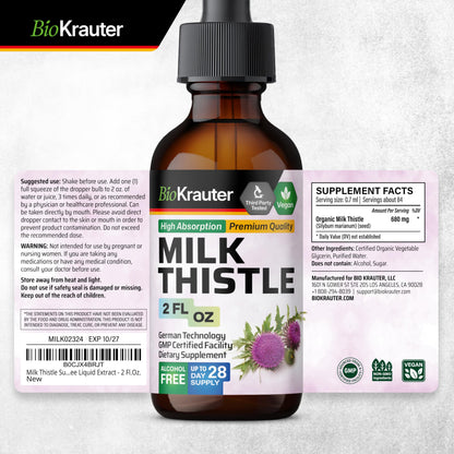 BIO KRAUTER Milk Thistle Supplement - 680 mg per Serving, 2 fl oz (28 Days), Alcohol & Sugar Free, Vegan Liquid Extract with Silymarin