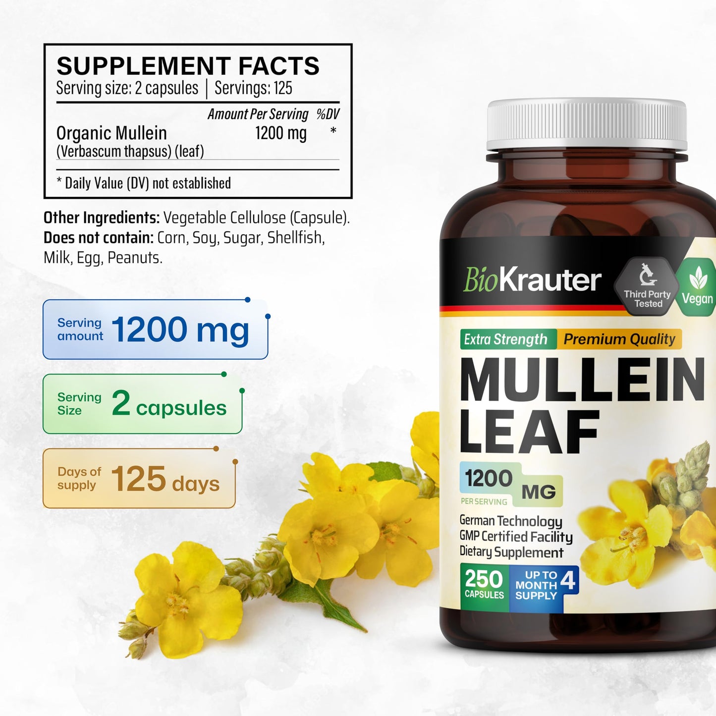BIO KRAUTER Mullein Capsules 1200 mg - 250 Veg Capsules for Lungs