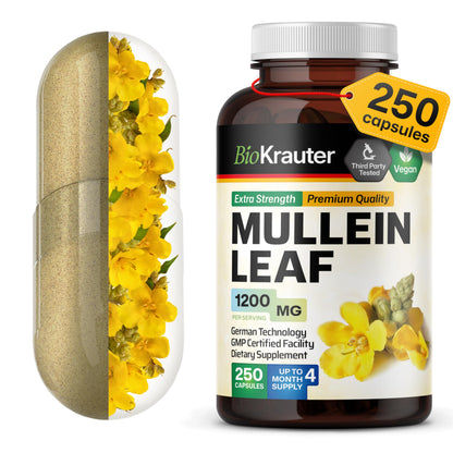 BIO KRAUTER Mullein Capsules 1200 mg - 250 Veg Capsules for Lungs