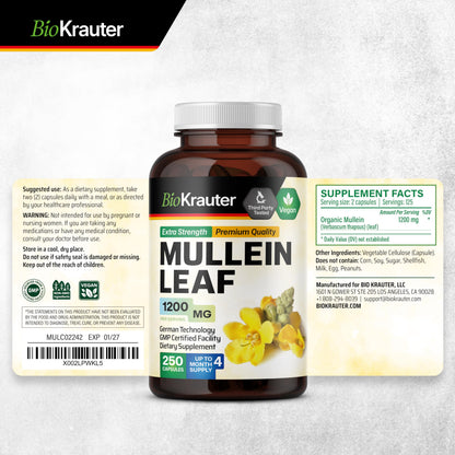 BIO KRAUTER Mullein Capsules 1200 mg - 250 Veg Capsules for Lungs