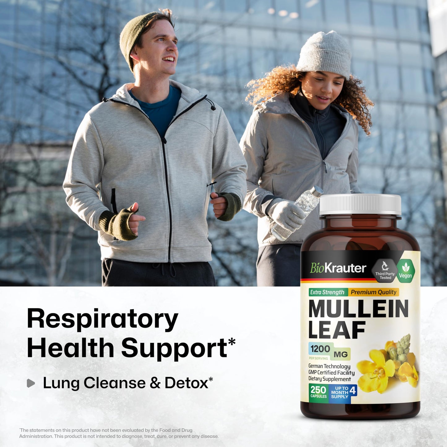 BIO KRAUTER Mullein Capsules 1200 mg - 250 Veg Capsules for Lungs
