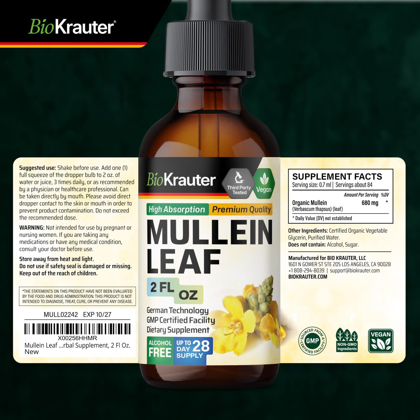 BIO KRAUTER Mullein Leaf Extract for Lungs 2 Fl. Oz - 28 Days of Supply - Pure Mullein Drops for Lung Cleanse & Detox - Vegan Respiratory Supplements - Non-GMO, No Sugar & Alcohol
