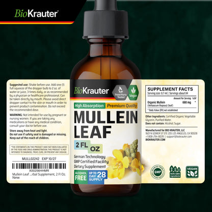 BIO KRAUTER Mullein Leaf Extract for Lungs 2 Fl. Oz - 28 Days of Supply - Pure Mullein Drops for Lung Cleanse & Detox - Vegan Respiratory Supplements - Non-GMO, No Sugar & Alcohol