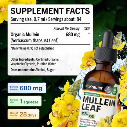 BIO KRAUTER Mullein Leaf Extract for Lungs 2 Fl. Oz - 28 Days of Supply - Pure Mullein Drops for Lung Cleanse & Detox - Vegan Respiratory Supplements - Non-GMO, No Sugar & Alcohol