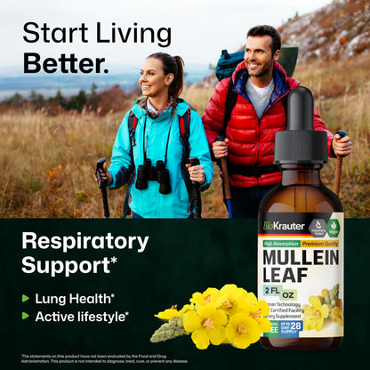 BIO KRAUTER Mullein Leaf Extract for Lungs 2 Fl. Oz - 28 Days of Supply - Pure Mullein Drops for Lung Cleanse & Detox - Vegan Respiratory Supplements - Non-GMO, No Sugar & Alcohol