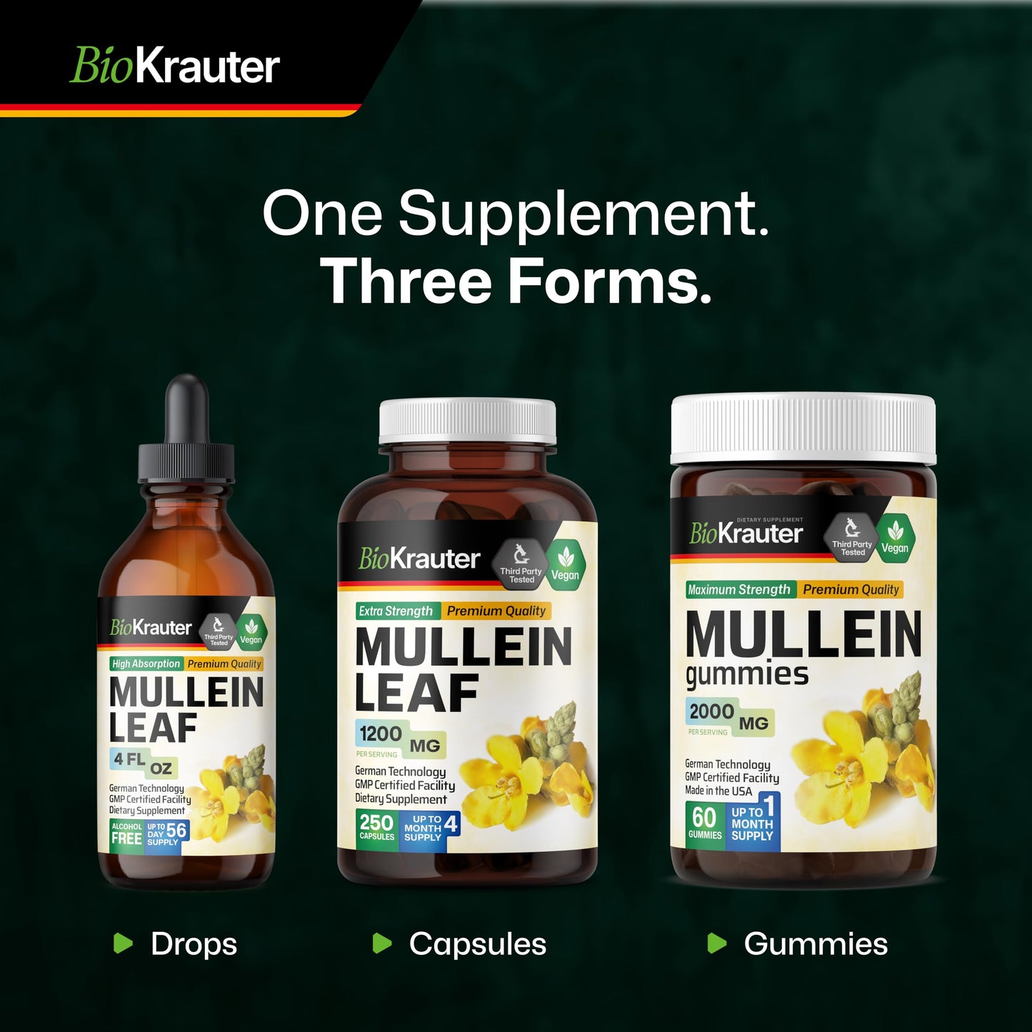 BIO KRAUTER Mullein Leaf Extract for Lungs 2 Fl. Oz - 28 Days of Supply - Pure Mullein Drops for Lung Cleanse & Detox - Vegan Respiratory Supplements - Non-GMO, No Sugar & Alcohol